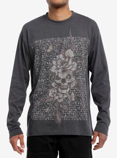 This spring  add some grunge to your look with this long-sleeve tee decorated with a large graphic of illegible cursive writing and a skull surrounded by flowers overlaid.60% cotton; 40% polyesterWash cold; dry lowImportedListed in men'sunisex sizesModel is 6'1"Model wears size Medium Long Sleeve Alternative Style T-shirt For Spring, Alternative Style Long Sleeve Spring T-shirt, Alternative Long Sleeve Spring T-shirt, Emo Long Sleeve Graphic T-shirt, Long Sleeve Graphic Tee With Skull Print, Long Sleeve Grunge T-shirt With Skull Print, Black Long Sleeve Sweatshirt With Skull Print, Casual Long Sleeve T-shirt With Skull Print, Casual Long Sleeve Skull Print T-shirt