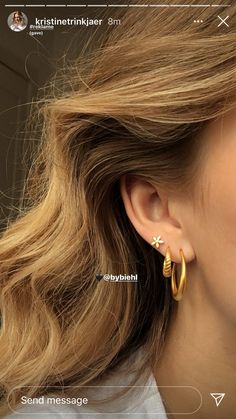 Simple Piercings Ear Classy, Old Money Ear Piercings, Three Ear Piercings Gold, Double Piercing Inspiration, Earring Inspo Doubles, How To Style 3 Ear Piercings, Trilogy Ear Piercing, 3 Earings Piercings Ideas Gold, Ear Piercings Gold Simple