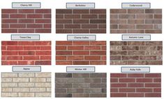 the different types of brick walls in various colors and sizes, with names on each side