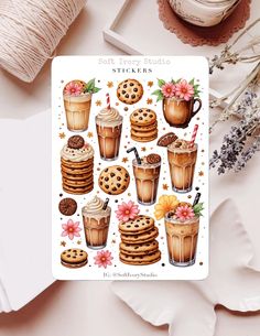 a sticker with cookies, milkshakes and hot chocolates on it next to some flowers