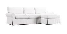 a white couch and ottoman with pleated skirting on the bottom, in front of a white background