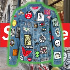 Grail Alert2018 Supreme Patches Denim Trucker Jacket Super Rare % Authentic Grail Alert Ss18 5/17/2018 Streetwear Official Supreme Streetwear Official Carries The Latest And Greatest From The Hottest Independent Streetwear Brand Out Carrying Streetwear Styles From The Latest Hip Hop Collaborators In The Game All Cotton Denim With Button Front Closure And Custom Patches On Front, Back And Sleeves Hand Pockets At Lower Front And Chest Pockets With Button Closures 2018 Supreme Patches Denim Trucker Jacket Unisex Size Med Shoulder Width 48cm /18.9inch Chest Width,Pit To Pit 56cm/22.Inch Sleeve Length 64cm/25.2i Spring Streetwear Outerwear With Patches, Blue Long Sleeve Outerwear With Logo Patch, Urban Patchwork Denim Jacket For Streetwear, Trendy Long Sleeve Outerwear With Logo Patch, Spring Streetwear Denim Jacket With Patches, Spring Denim Jacket With Patches For Streetwear, Denim Long Sleeve Outerwear With Logo Patch, Trendy Streetwear Outerwear With Logo Patch, Fall Patchwork Denim Jacket For Streetwear