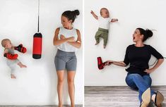 two women and a baby are hanging on the wall with boxing gloves in front of them