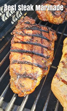 three steaks cooking on top of a grill with the words best steak marinade