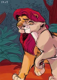 a drawing of a lion with red hair