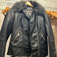 Women’s Size Small Guess Leather Jacket With Fur Collar And Great Details- Never Worn Spring Leather Jacket With Zipper Closure For Cold Weather, Spring Black Leather Jacket With Faux Fur Lining, Spring Chic Biker Jacket For Cold Weather, Casual Leather Jacket With Faux Fur Trim For Spring, Black Leather Jacket With Faux Fur Trim For Spring, Casual Black Leather Jacket With Faux Fur Trim, Black Biker Jacket With Faux Fur Lining For Spring, Black Biker Jacket For Spring, Leather Jacket With Fur Collar