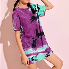 Girls Dress Summer School Mini Dress, Casual Summer School Dresses, Trendy Purple Short Sleeve Dress, Multicolor Summer Dress For School, Multicolor Dresses For Sleepover, Casual Dress For Sleepover, Casual Green School Dresses, Green Casual School Dress, Green Spring Dress For Sleepovers