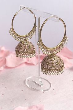 Earings Jhumka Indian, Jhumka Hoop Earrings, Fancy Earrings Pink, Pink And Blue Earrings, Simple Jhumka Earrings, Indian Jhumka Aesthetic, Pink Earrings Indian, Jhumkas Aesthetic, Hoop Jhumka Earrings