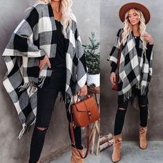 Buffalo Plaid Sweater Autumn Winter Open Cardigan Fringe Boho White Boho Open Front Oversized Fit One Size Gray Outerwear For Fall, Gray One-size Outerwear For Fall, How To Style A Poncho, Modest Casual, Double Breasted Dress, J Crew Jacket, Modest Casual Outfits, Plaid Poncho, Kimono Sweater