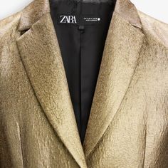 New With Tag Zara F/W '24 Collection Zara Woman Collection Blazer With Lapel Collar And Long Sleeves With Slits And Buttons. Flap Pockets At Front. Interior Lining. Front Hidden Button Closure. Gold Blazer Women, Chic Tailored Gold Blazer, Elegant Gold Blazer For Spring, Gold Notch Lapel Outerwear For Evening, Gold Luxury Blazer For Spring, Luxury Gold Blazer For Spring, Classic Zara Blazer For Evening, Classic Zara Party Outerwear, Anniversary Outfit