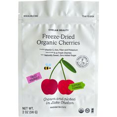 the front of a bag of freeze dried organic cherries