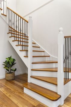 a white staircase with wooden handrails next to a potted plant