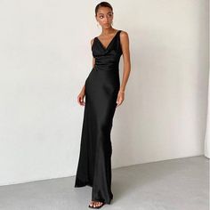 F00155754-103 Dresses For Formal Events, Black Collared Dress, Satin Formal Dress, Black Backless Dress, Ice Dresses, Sling Dress, Party Dress Long, Women Long Dresses, Evening Dresses Long