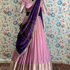 Pink Half Sarees Pattu, Traditional Langa Voni, Simple Half Sarees South Indian, Half Saree Lehenga Langa Voni Pattu, Old Saree Lehenga Designs, South Indian Half Sarees Traditional, Purple Half Saree South Indian, Half Saree Designs South Indian Pattu, Pattu Saree Lehenga