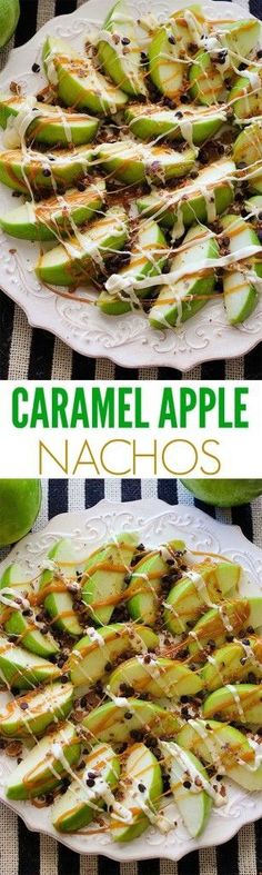 caramel apple nachos on a white plate