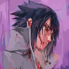 an anime character with black hair and blood on his face, wearing a hoodie