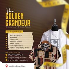 an ad for the golden grandeur clothing store with clothes on mannequins