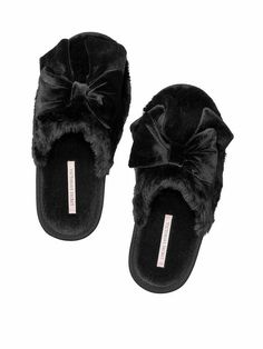 Fuzzy Shoes, Bow Slippers, Addams Family Costumes, Shoes Slides, Top Embroidery, Pleaser Heels, Black Velvet Bow, Cozy Slippers, Velvet Slippers