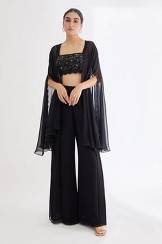 Shop for Lavanya Ahuja Black Georgette Scallop Cape And Pant Set for Women Online at Aza Fashions Pallazo Outfits, Black Plazo, Black Palazzo Pants Outfit, Top And Plazo, Indian Pants, Crop Top Wedding Dress, Embroidery Square, Cape Set, Black Velvet Pants