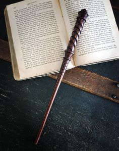 an old harry potter book with a wooden wand