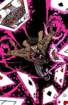 an illustration of a man in the middle of playing cards with pink ink splatters