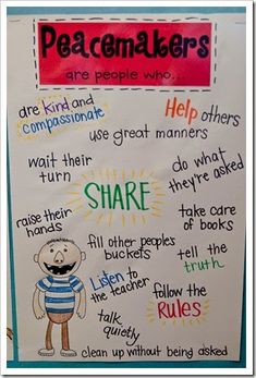 a bulletin board with words and pictures on it that say, peacemakers are people who