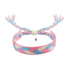 two different colored braid bracelets with white and blue beads on each side, one is pink