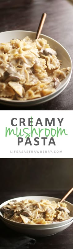 creamy mushroom pasta in a white bowl with chopsticks on the side and green text overlay