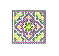 a cross stitch pattern with green, yellow and pink flowers on it's side