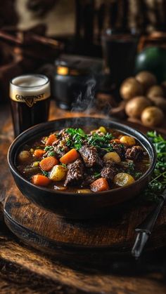 Hearty Guinness Beef Stew: A Cozy Bowl Full of Flavor! Beef Stew Photography, Gastro Pub Food, Fantasy Restaurant, Tavern Aesthetic, Winter Season Food, Taverns Recipe, Tavern Food, Cream Cheese Cake Recipes, Food Staging