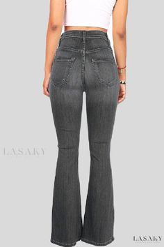 Lasaky - High-Waisted Bootcut Denim Jeans with Solid Buckle Detail for Casual Wear Gray Stretch High Rise Jeans, Gray Stretch High-rise Jeans, Casual Gray Flare Bottoms, Spring Gray Denim Flare Jeans, Spring Gray Flare Denim Jeans, Gray High Waist Fitted Jeans, Gray Fitted High Waist Jeans, Trendy High Waist Gray Jeans, Trendy Gray High Waist Jeans