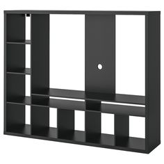 a black bookcase with four shelves and two doors on each side, facing the same direction