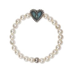 Rosary Heart Stretch Bracelet with Crystal White Pearl Beads choose finish:Silver Tone Everyday Beaded Heart Bracelet, Spiritual Stretch Bracelet With 8mm Beads, Everyday Heart Beads Stretch Bracelet, Beaded Designs, Precious Beads, Crystal White, Semi Precious Beads, Beads Handmade, Cute Bracelets