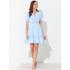 Cut to an elegant fit-and-flare style, this mini dress is sure to serve you well on summer days. The dreamy solid color and a ruffled tiered hem bring casual romance to this puff-sleeved dress. Indulge in the fanciful frills on this vacation-ready dress. It is fashioned with a signature v-neck, a crochet trim, and a layered skirt. Mini and flowy, this gorgeous dress is detailed with bubble sleeves, and a lace panel, for a peasant look, which is sure to elevate your beach-day looks. Casual Romance, Ruffle Tiered Dress, Dress Light Blue, Skirt Mini, Sleeved Dress, Layered Skirt, Elastic Waist Shorts, Boho Crochet, Crochet Trim