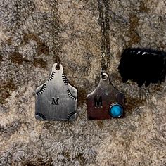 Two Cow Ear Tag Stamped Necklaces, M Stamped, One Has Turquoise Gem, Good Condition, From A Small Boutique Cow Ear Tag, Cow Ears, Turquoise Gem, Stamped Necklaces, Ear Tag, Small Boutique, Silver Blue, Blue And Silver, Necklace Set