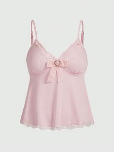 Rosa Casual Collar  Tela tejida Liso Tirantes Embellished Estiramiento medio Pink Camisole Top, Sweet Pink Outfit, Silk And Lace Top, Cute Shein Shirts, Hyperfeminine Outfit Pink, Cute Babydoll Tops, Pink Cute Clothes, Shein Pink Outfits, Cute Cami Tops