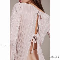 Lasaky - Short Tie-Strap Shirt with Pleats - Slim Fit, Backless, Round Neckline, and Flared Sleeves - a Sophisticated and Alluring Choice for Your Wardrobe Backless Long Sleeve Top, Backless Shirt, Pleated Tops, Pleated Shirt, Blouse Sale, Summer Blouse, Elegant Blouses, Women Long Sleeve Tops, Crop Top Blouse