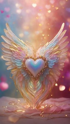 an angel heart with wings and jewels on it in front of a colorful light - up background