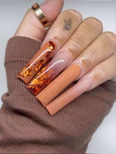 Fall Season Acrylic Nails, Thanksgiving Baddie Nails, Clear Fall Acrylic Nails, Fall Encapsulated Nail Designs, Pumpkin Sweater Nails, Extra Fall Nails Acrylic, Sparkly Pumpkin Nails, Boujee Fall Nails, Ginger Acrylic Nails