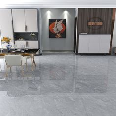 a modern kitchen with white cabinets and marble flooring is pictured in this rendering image