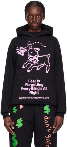 Heavyweight 14 oz cotton fleece hoodie. · Logo, graphic, and text printed at front · Kangaroo pocket · Rib knit hem and cuffs Supplier color: Black Embroidery On Hoodies, Online Ceramics, Text Embroidery, Black F, Types Of Embroidery, Cotton Fleece, Luxury Streetwear, Fleece Hoodie, Black Hoodie