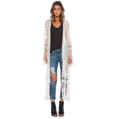 New Without Tags Band Of Gypsies Lace Two-Button Closure Front Long Cardigan. Size Large. Measures: 21" Chest, 18" Waist, 58" Length Lace Kimono Outfit, Long Beach Wear, Boho Chic Boutique, Moda Kimono, Kimono Outfit, Fringe Kimono, Cover Beachwear, Lace Kimono, Long Kimono