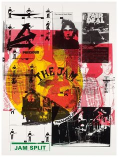 a collage of various images with the words jam split in red, yellow and black