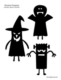 three black and white silhouettes of characters from the animated movie, halloween puppets with faces