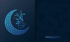 raman kareem greeting card with intricate arabic calligraphy and moon on dark blue background