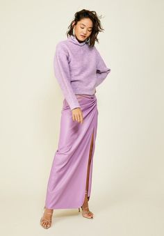 Carmela Skirt Orchid, Maxi Skirt by Line and Dot | LIT Boutique Chic Stretch Purple Skirt, Chic Fitted Purple Maxi Skirt, Relaxed Purple Maxi Skirt With Lining, Relaxed Full Purple Maxi Skirt, Luxury Chic Purple Skirt, Orchid Purple, Classic Wardrobe Staples, Purple Outfits, Mock Neck Sweater