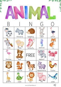 an animal bingo game with animals on it and the word animal written in large letters