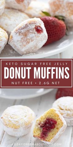 keto sugar - free jelly donut muffins on a plate with strawberries