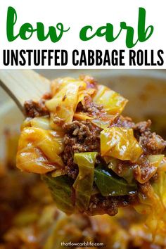 a spoon full of low carb, unstufffed cabbage rolls with the title above it