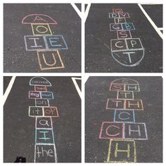 four different pictures of the same child's play area with chalk drawings on asphalt